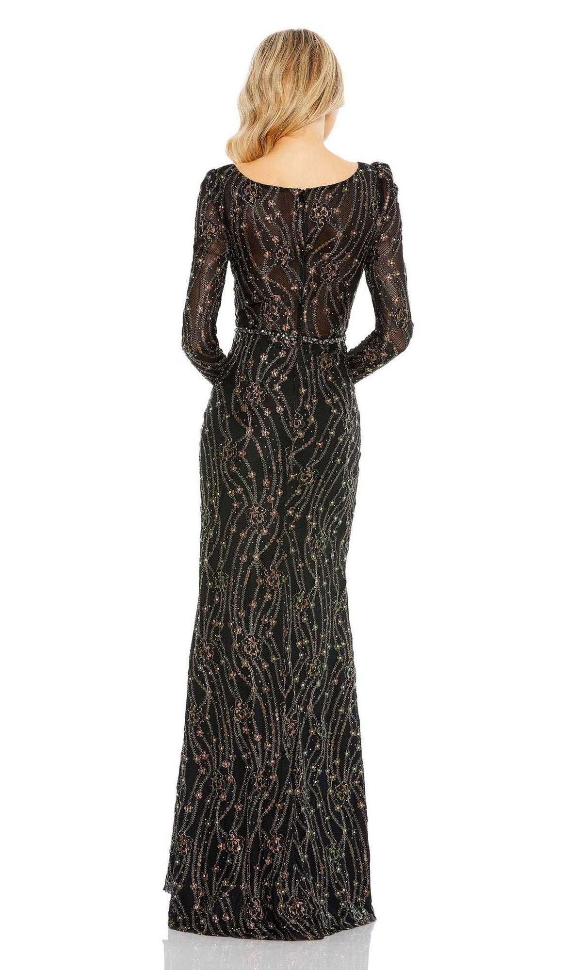 A woman is seen from the back against a white background wearing the Long Formal Dress 11159 by Mac Duggal, a black, floor-length gown with long sleeves and intricate sequin patterns.